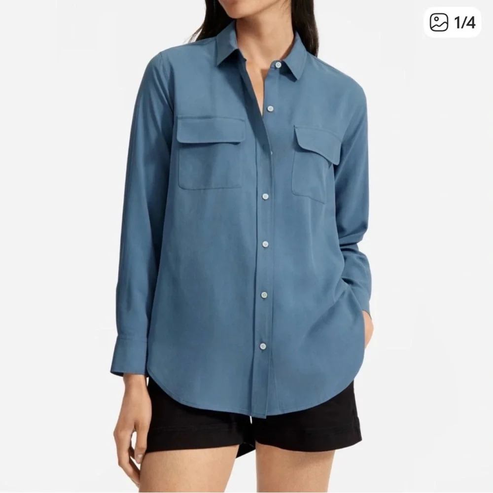Everlane Washable Silk Utility Shirt | Greyblue - Picture 1 of 5